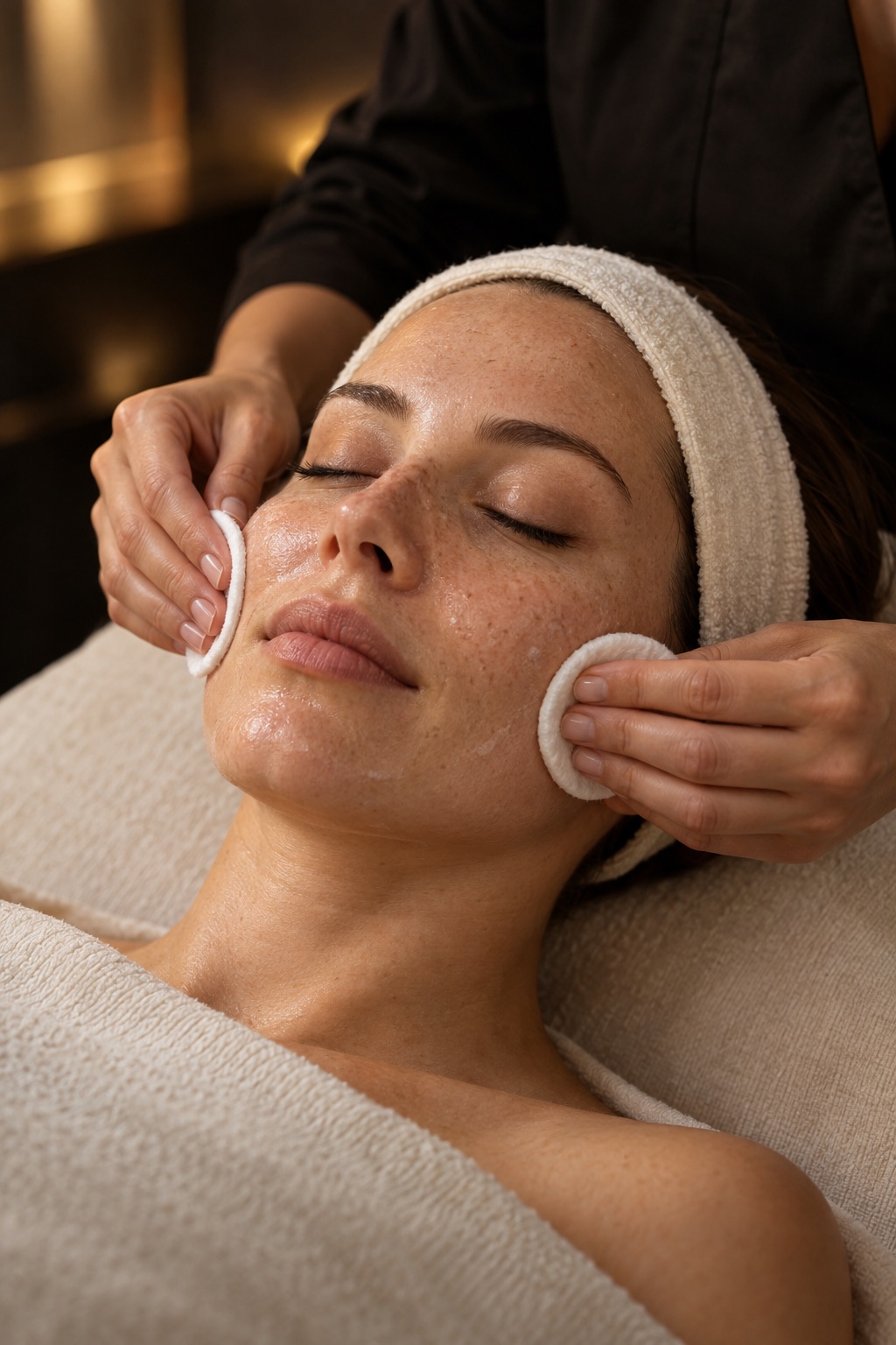 Nettoyage du visage aux cotons pendant un soin Hydraclean